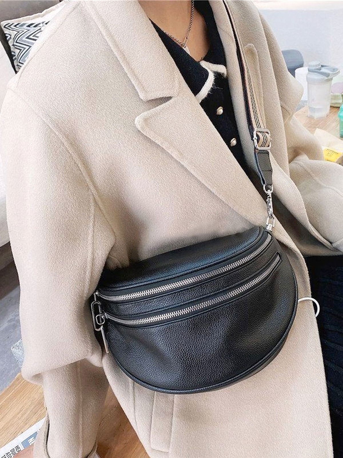 Sia2 Double Zipper Webbing Crossbody Bag