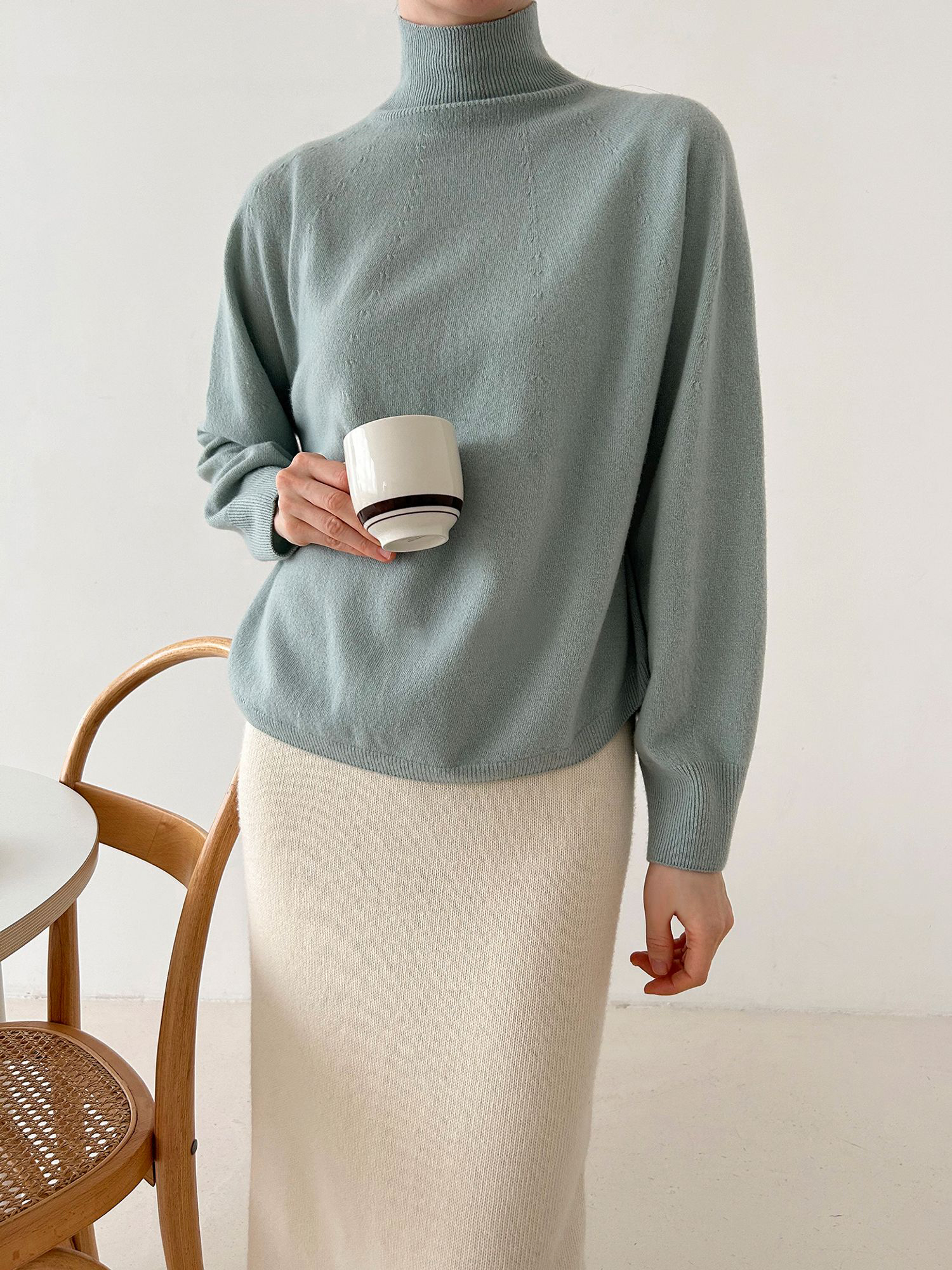 Whole Garment Wool Roro Half Neck Long Sleeve Knit Tee